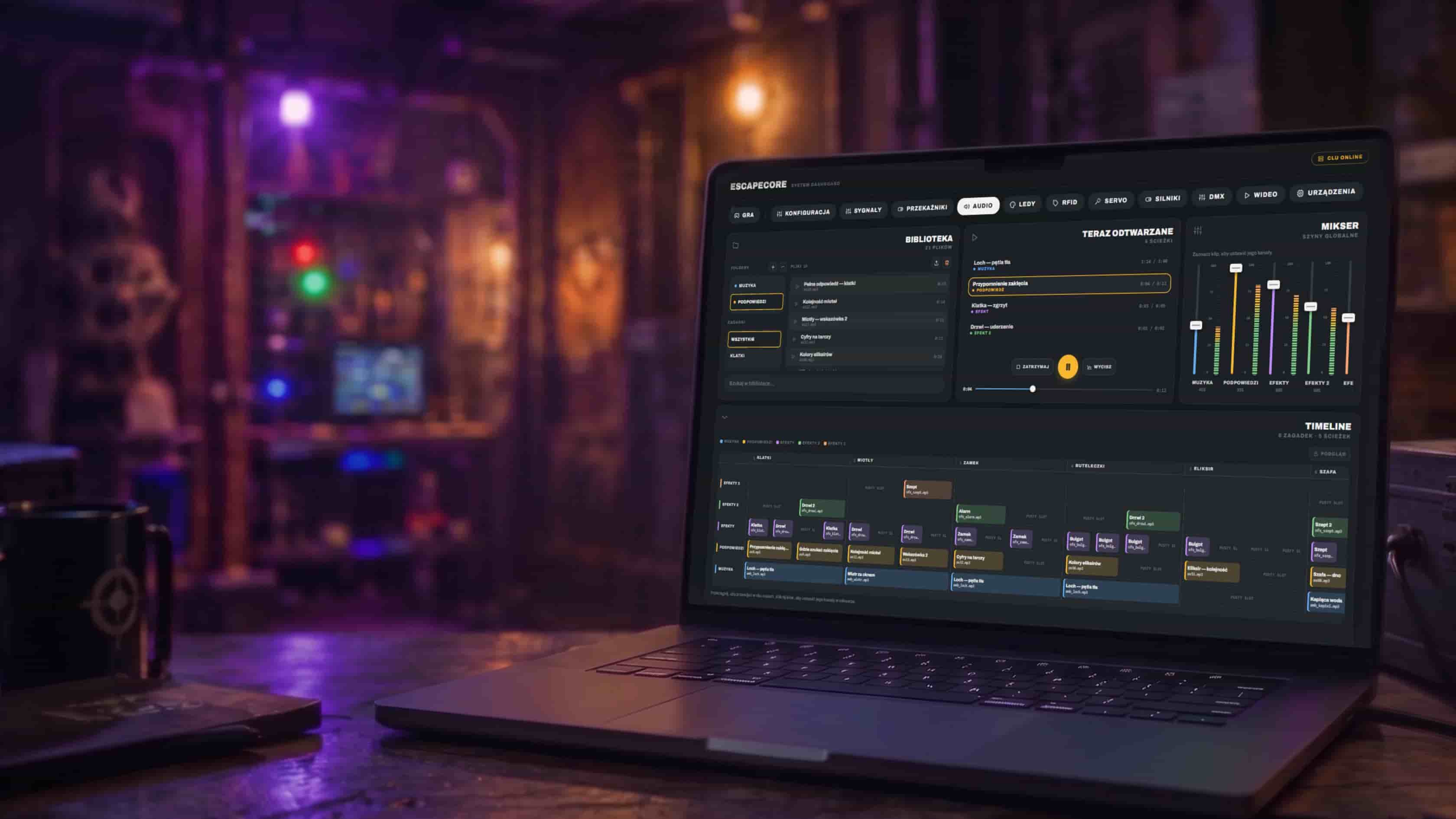 Panel audio EscapeCore na laptopie, oś czasu rozbita na kolejne zagadki pokoju