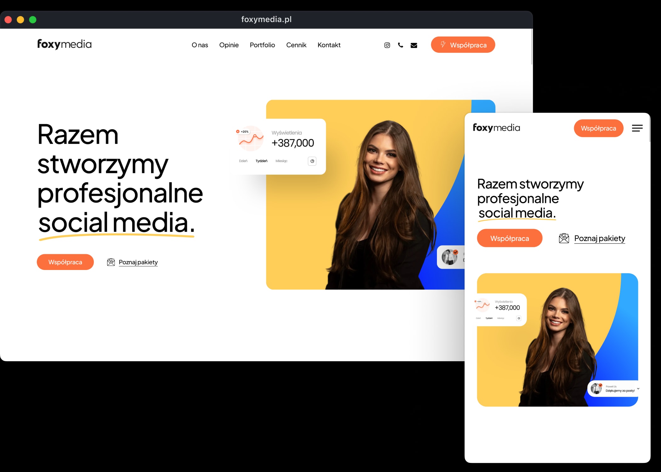 Strona główna Foxy Media z sekcją hero i kartami pakietów