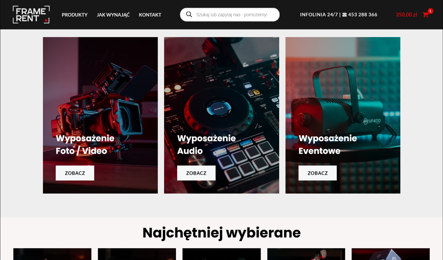 Strona główna FrameRent z wyszukiwarką sprzętu i kategoriami