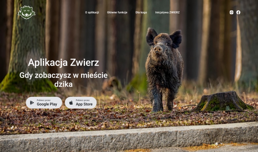 Strona aplikacji Zwierz z odnośnikami do Google Play i App Store