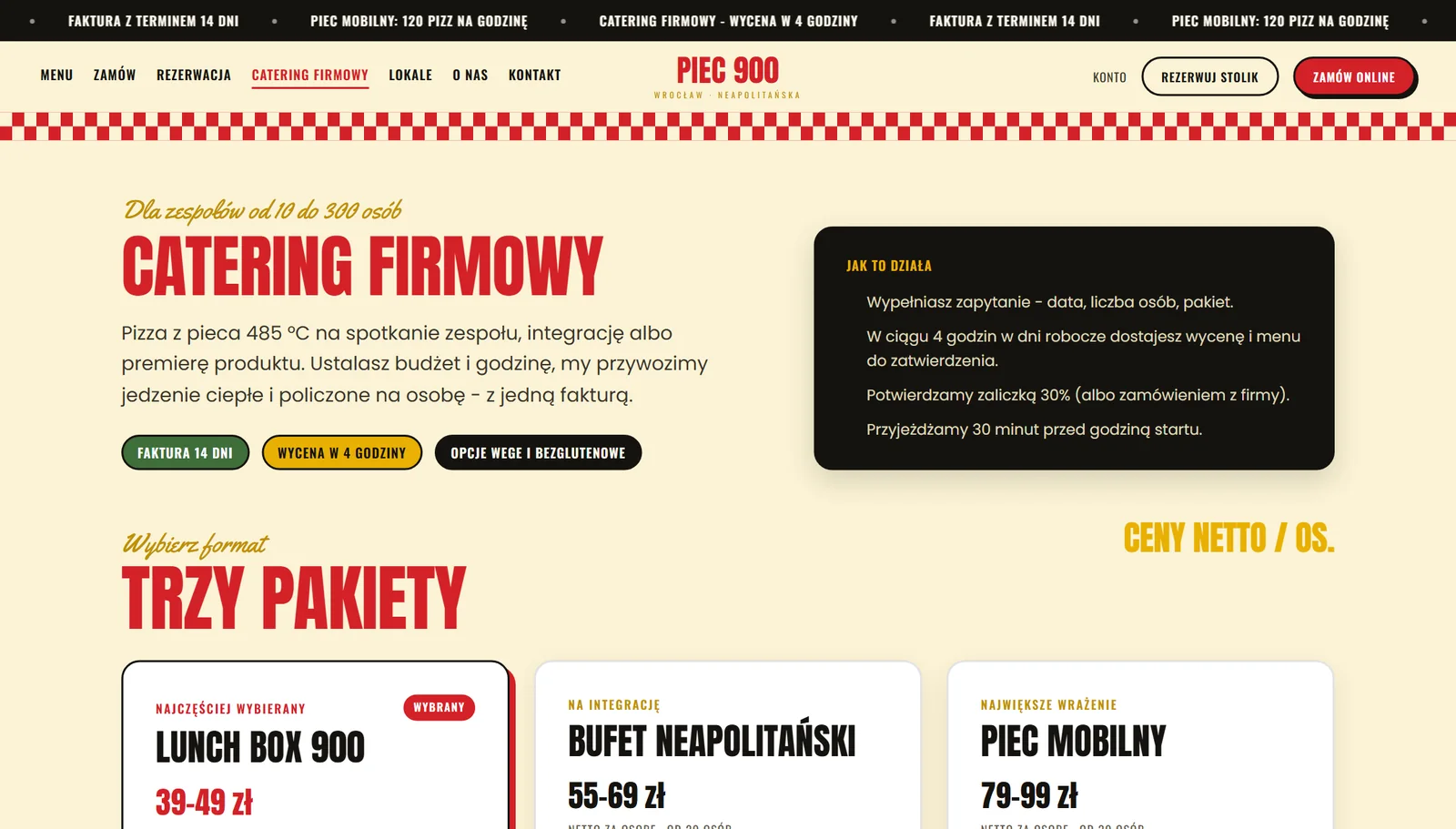 Podstrona cateringu firmowego z trzema pakietami, widełkami cenowymi i formularzem zapytania