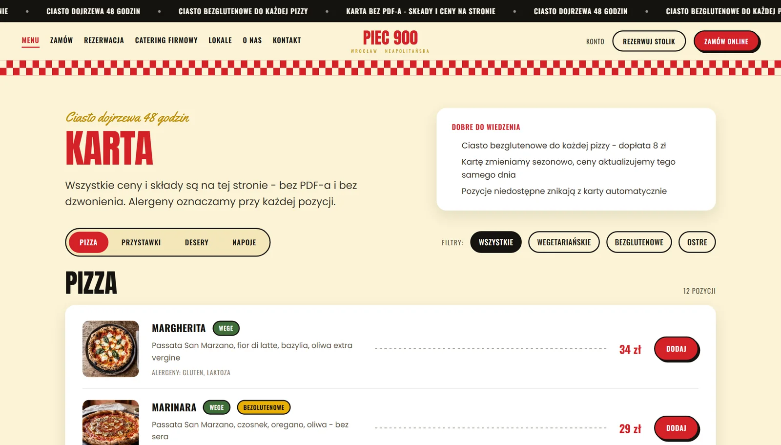 Podstrona menu z pozycjami, cenami, filtrami i oznaczeniami alergenów