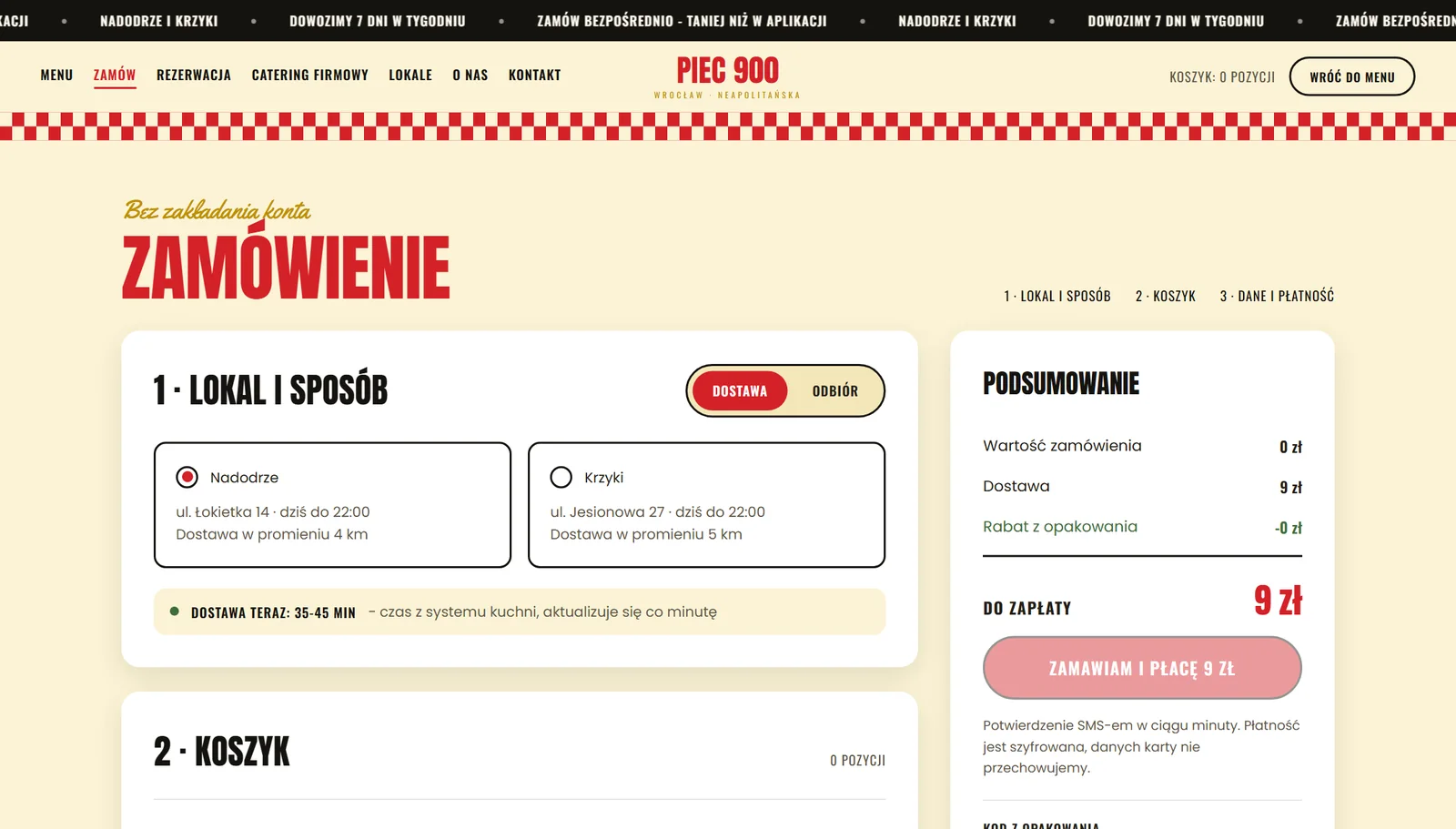 Ścieżka zamówienia: wybór lokalu, przełącznik dostawa lub odbiór, czas dostawy z systemu kuchni i podsumowanie koszyka